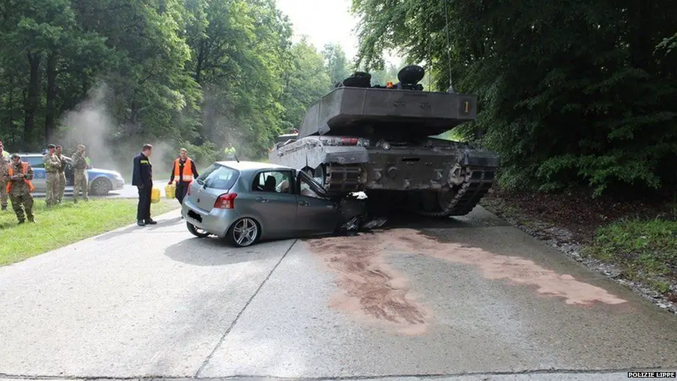 British tank crushes learner driver's car in Germany