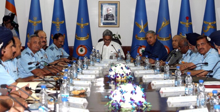 Defence Minister Manohar Parrikar addressing the Air Force Commanders' Conference at the Air Headquarters in New Delhi on Monday. UNI PHOTO-22U