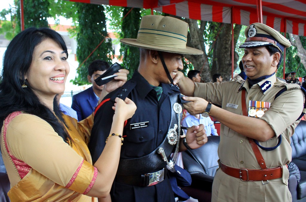 ADGP (WELFARE), TAMIL NADU KC MAHALI ALONG WITH HIS WIFE AND SON DIKSHANTH MAHALI AT THE PIPPING CEREMONY OF CENTENNIAL PASSING OUT PARADE AT THE OFFICERS TRAINING ACADEMY, CHENNAI ON SATURDAY. EXPRESS/ MARTIN LOUIS. RAM STORY.