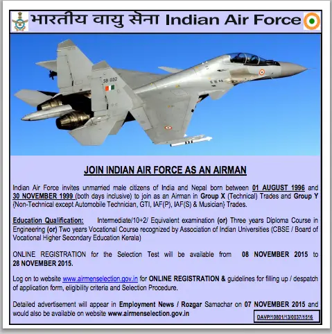 Indian Air Force Airmen Recruitment 2016