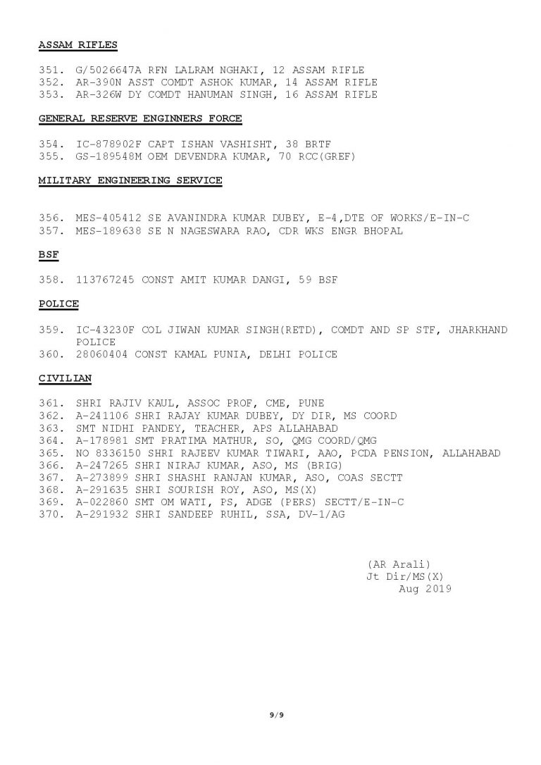 COAS and VCOAS Commendation Cards Awarded 15 Aug 2019