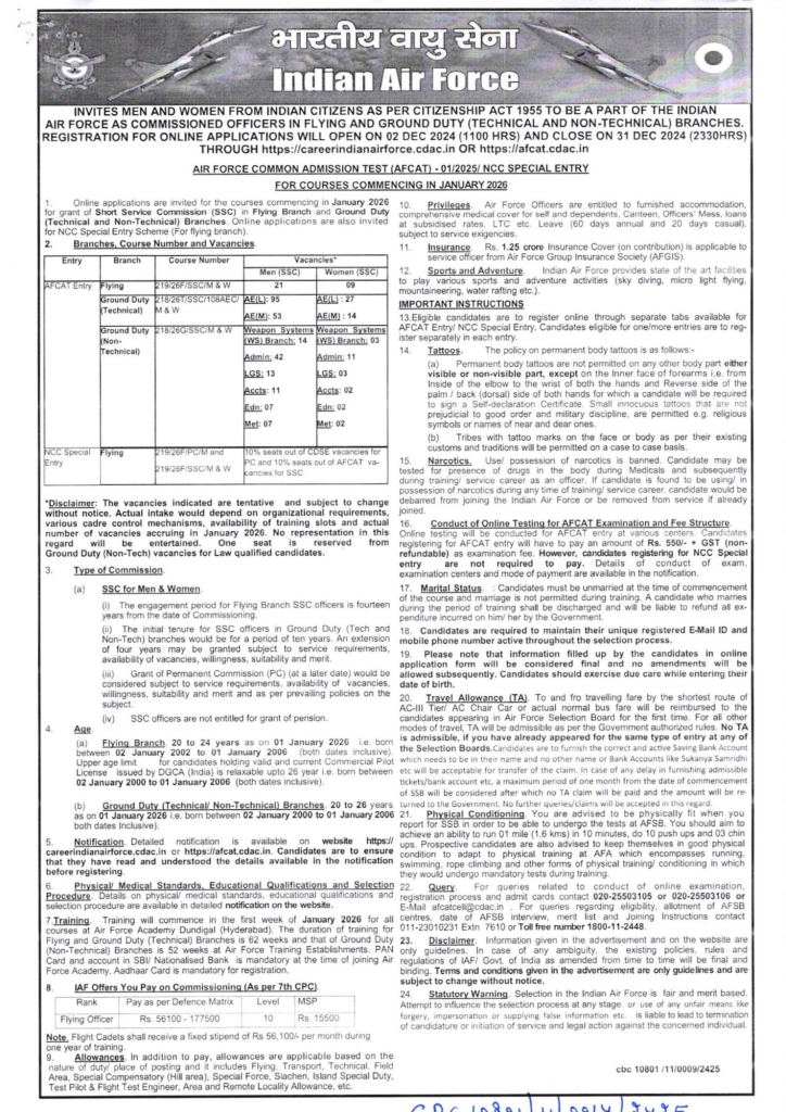 AFCAT 01 2025 Notice